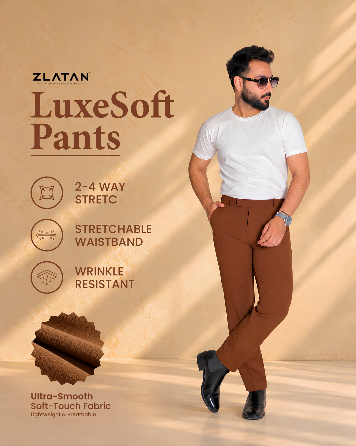 Zlatan LuxeSoft Pants – Caramel Brown | Stretchable & Wrinkle Resistant