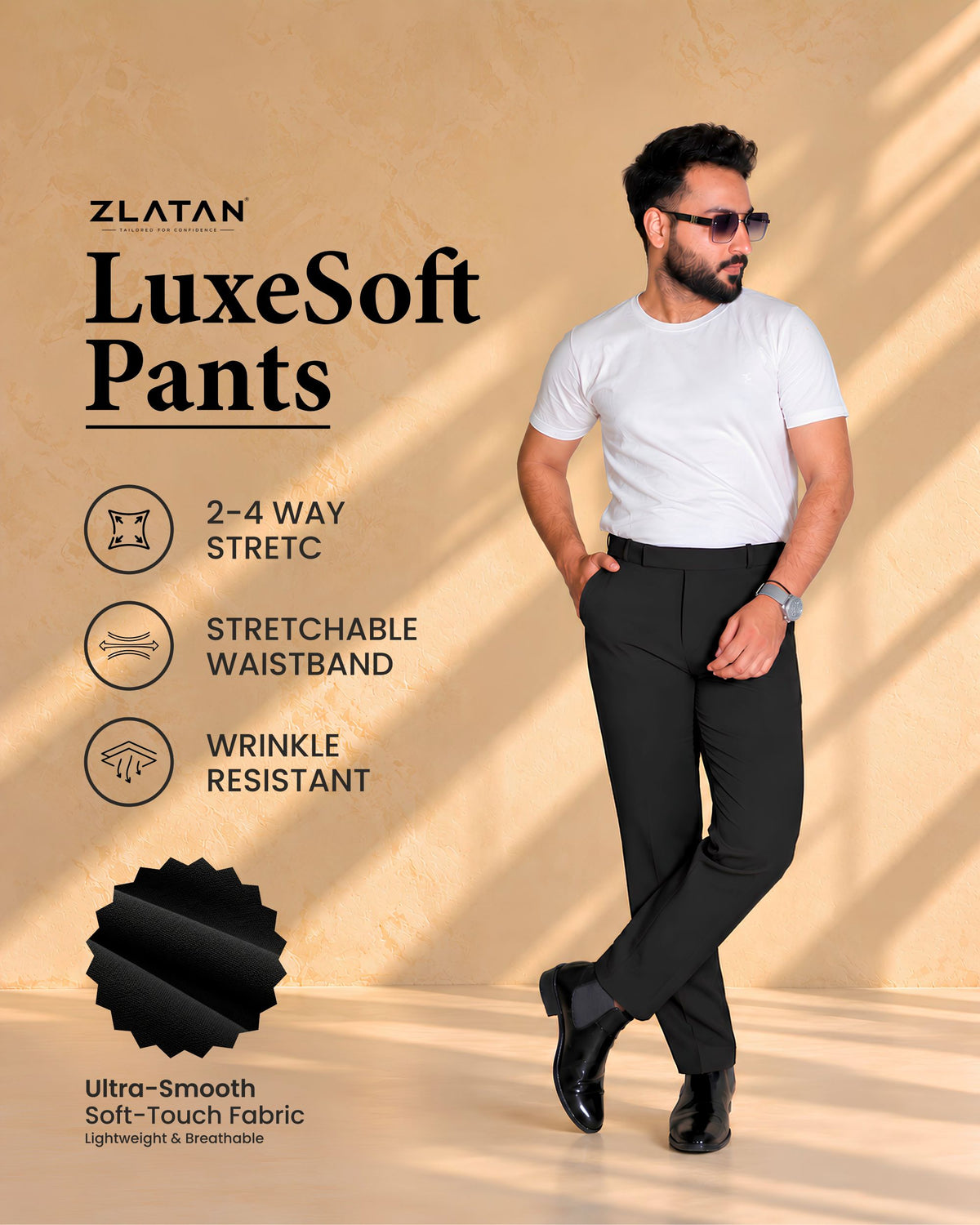 Zlatan LuxeSoft Pants – Black | Stretchable & Wrinkle Resistant