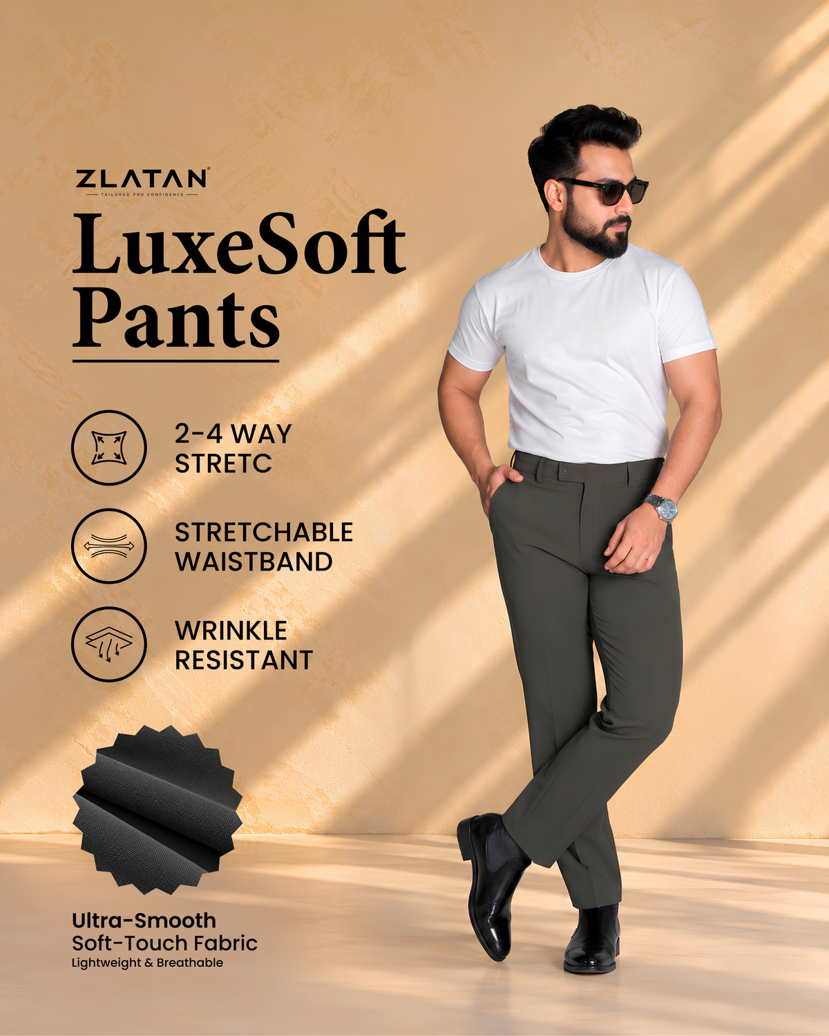Zlatan LuxeSoft Pants – Charcoal Grey | 2–4 Way Stretch & Wrinkle Resistant