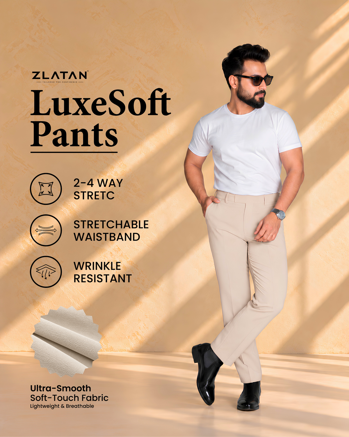 Zlatan LuxeSoft Pants – Ivory Cream | 4-Way Stretch & Wrinkle Resistant