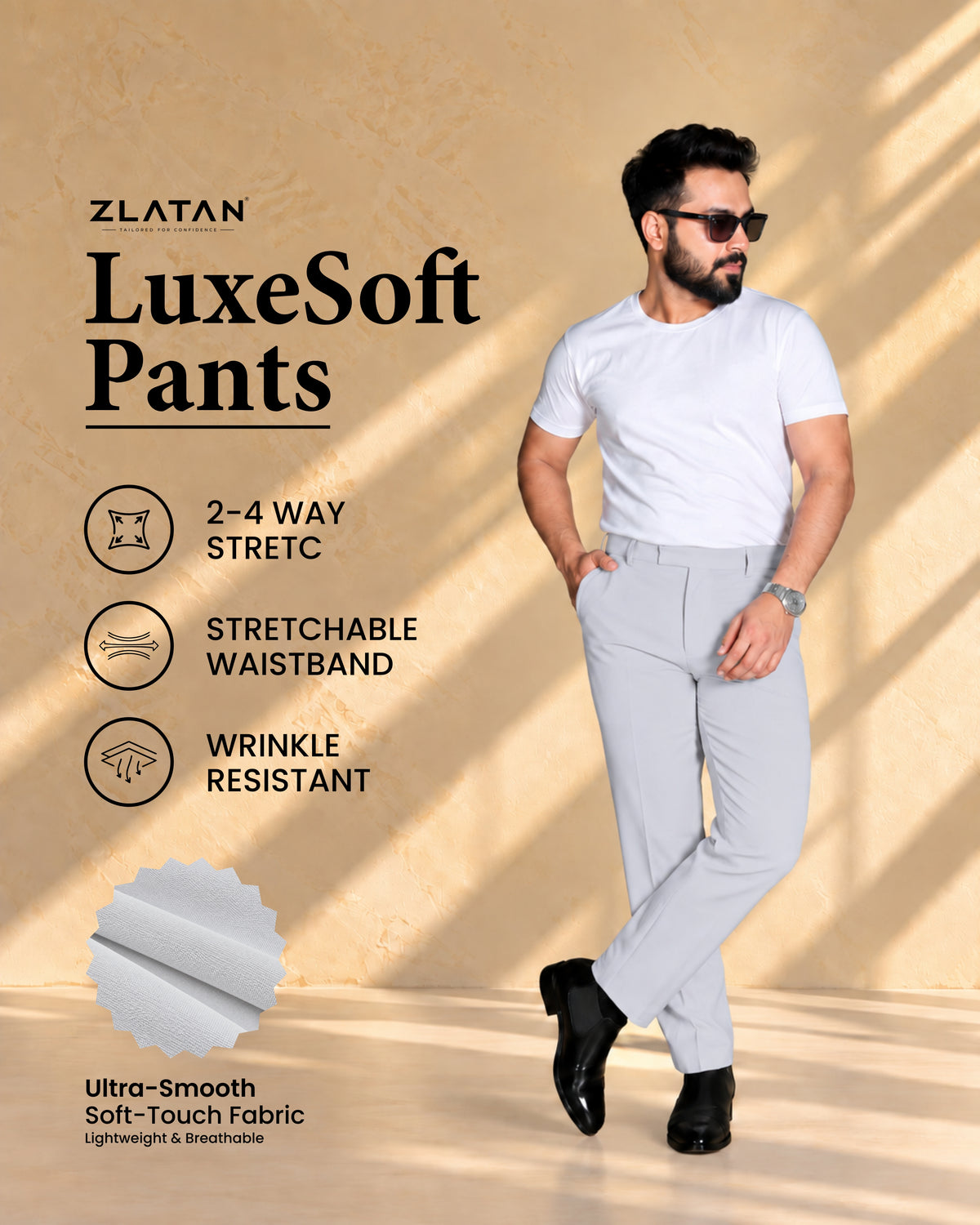 Zlatan LuxeSoft Pants – White | 4-Way Stretch & Wrinkle-Resistant