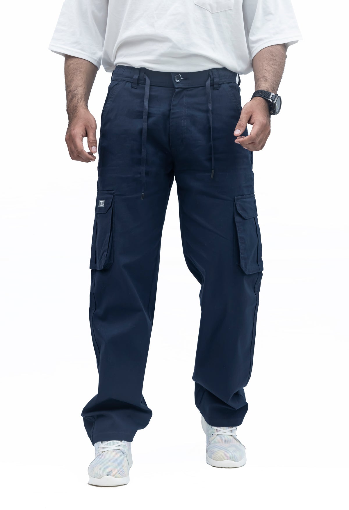 Men's Linen Blend Cargo Pants – 6 Pocket Baggy Fit Trouser (Navy Blue)