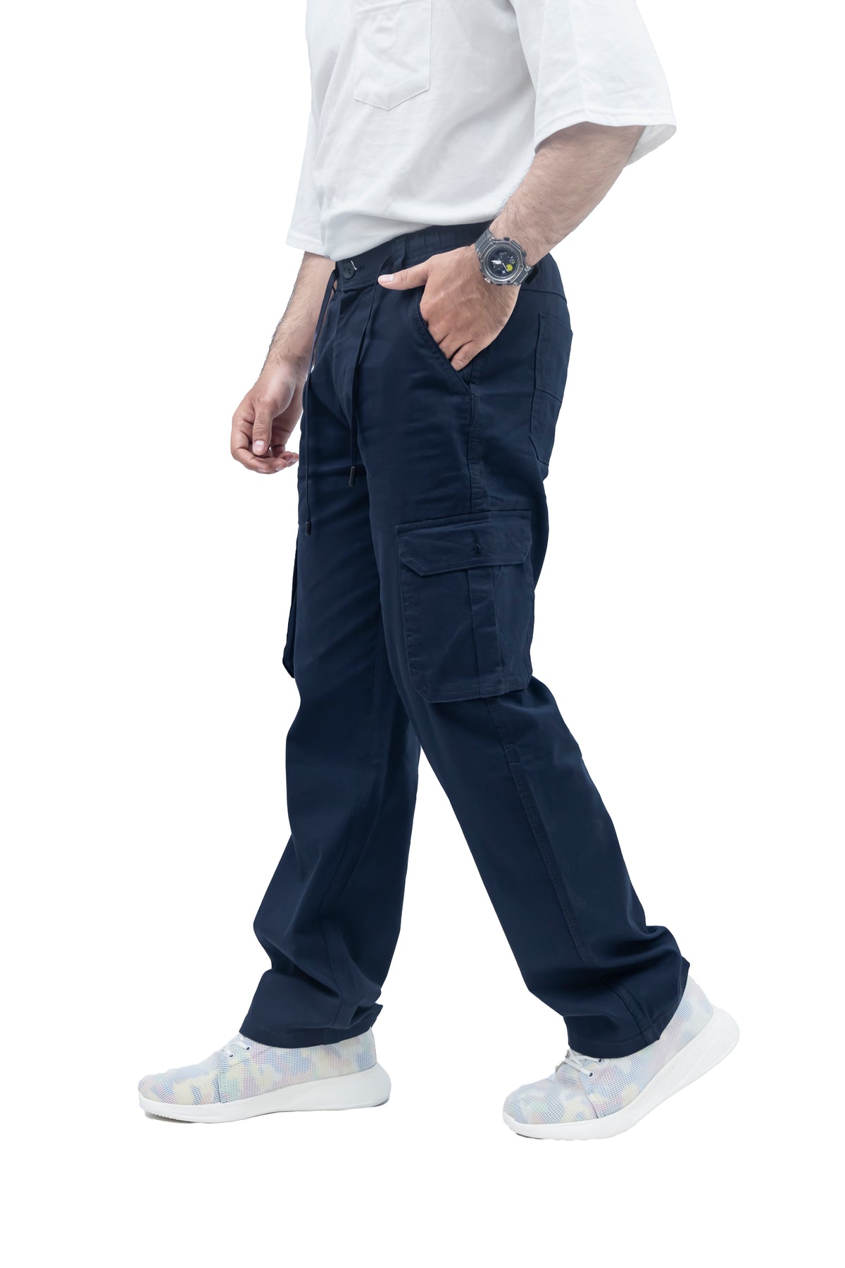 Men's Linen Blend Cargo Pants – 6 Pocket Baggy Fit Trouser (Navy Blue)