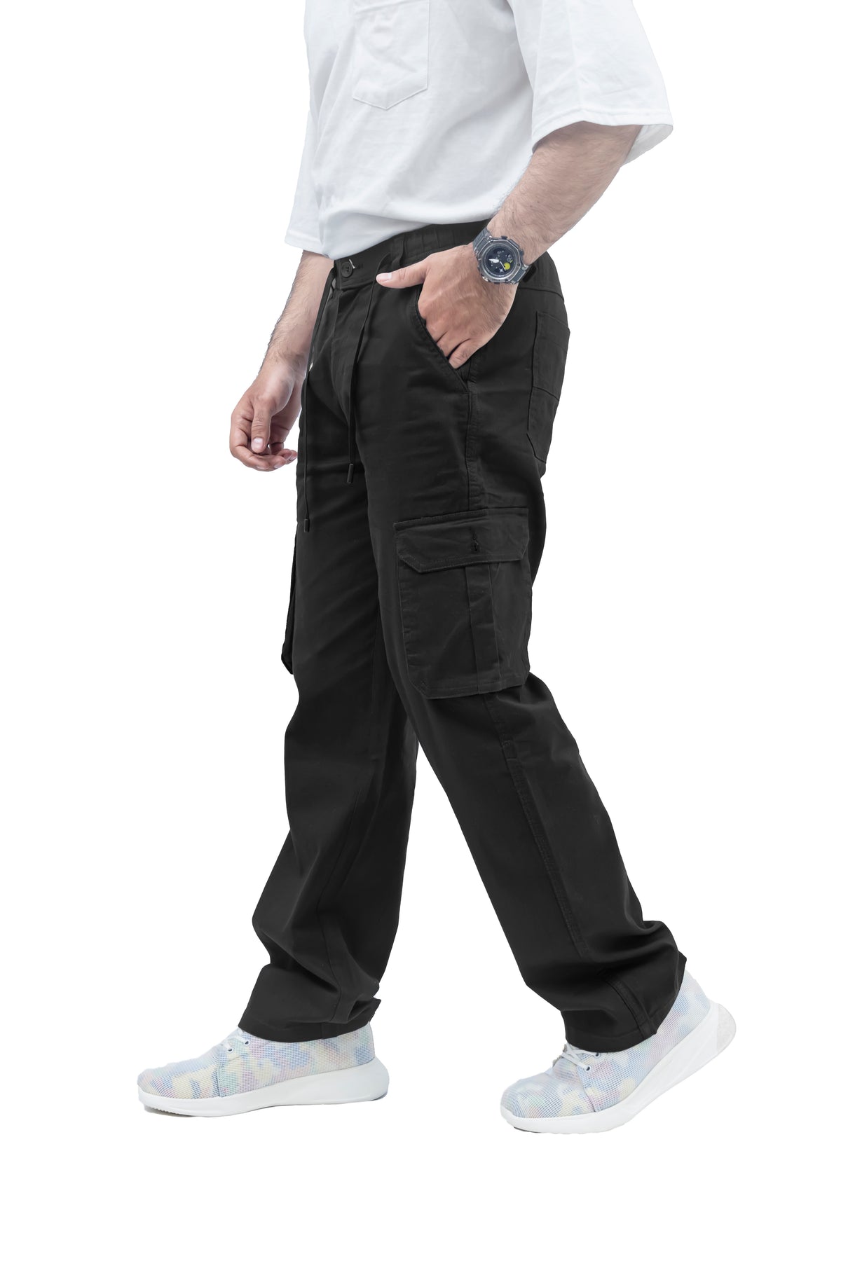 Men's Linen Blend Cargo Pants – 6 Pocket Baggy Fit Trouser (Jet Black)
