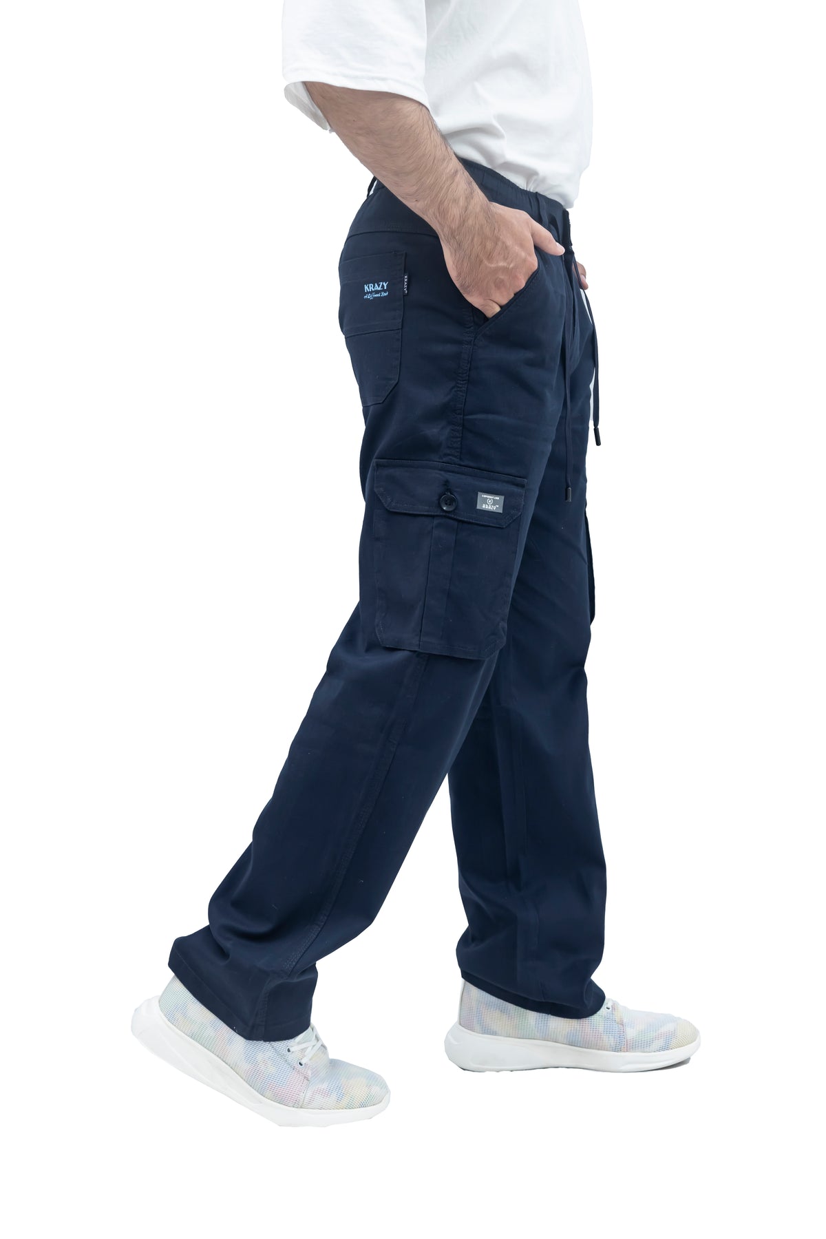 Men's Linen Blend Cargo Pants – 6 Pocket Baggy Fit Trouser (Navy Blue)