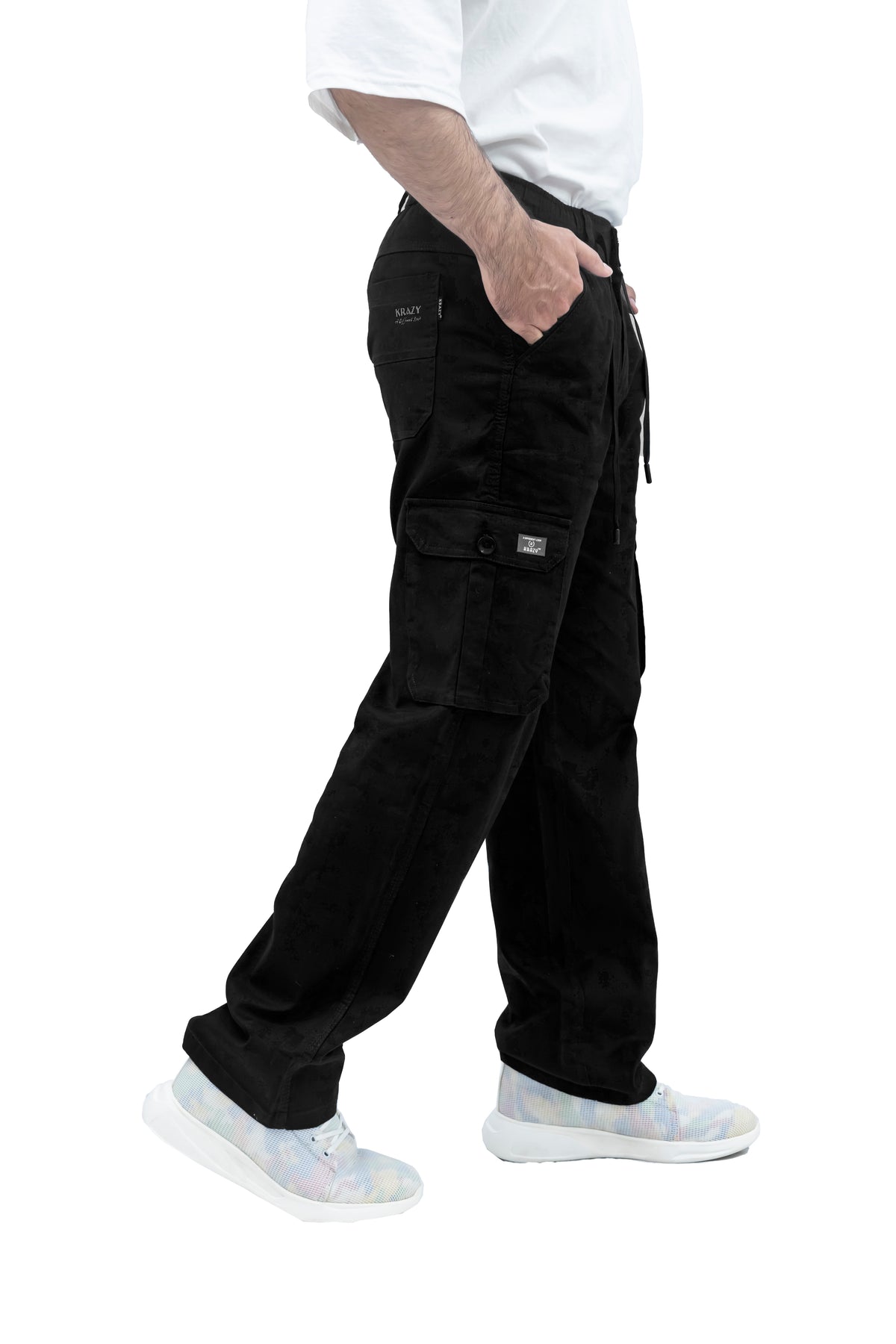 Men's Linen Blend Cargo Pants – 6 Pocket Baggy Fit Trouser (Jet Black)