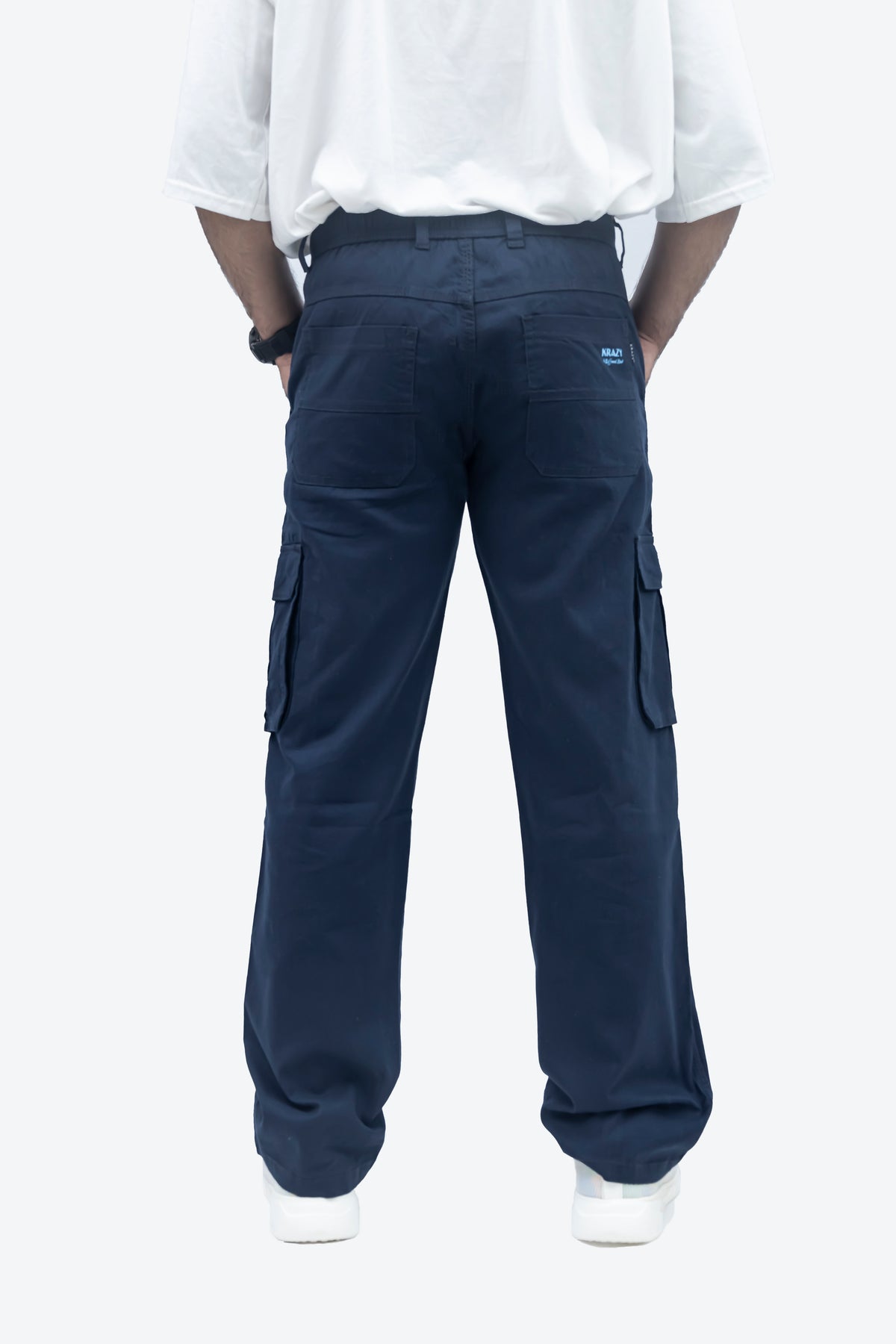 Men's Linen Blend Cargo Pants – 6 Pocket Baggy Fit Trouser (Navy Blue)