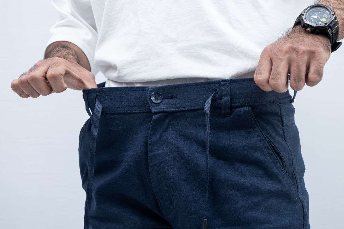 Men's Linen Blend Cargo Pants – 6 Pocket Baggy Fit Trouser (Navy Blue)