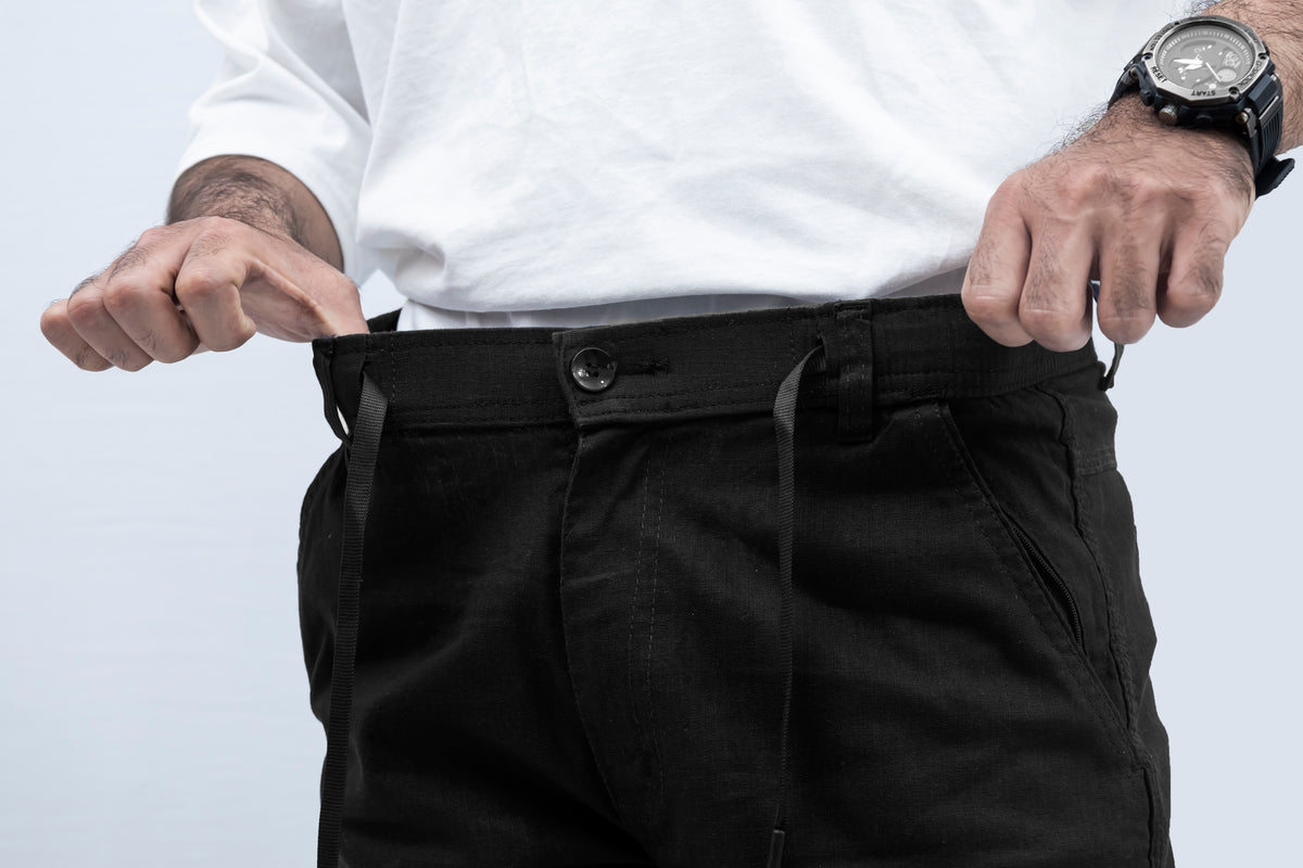 Men's Linen Blend Cargo Pants – 6 Pocket Baggy Fit Trouser (Jet Black)