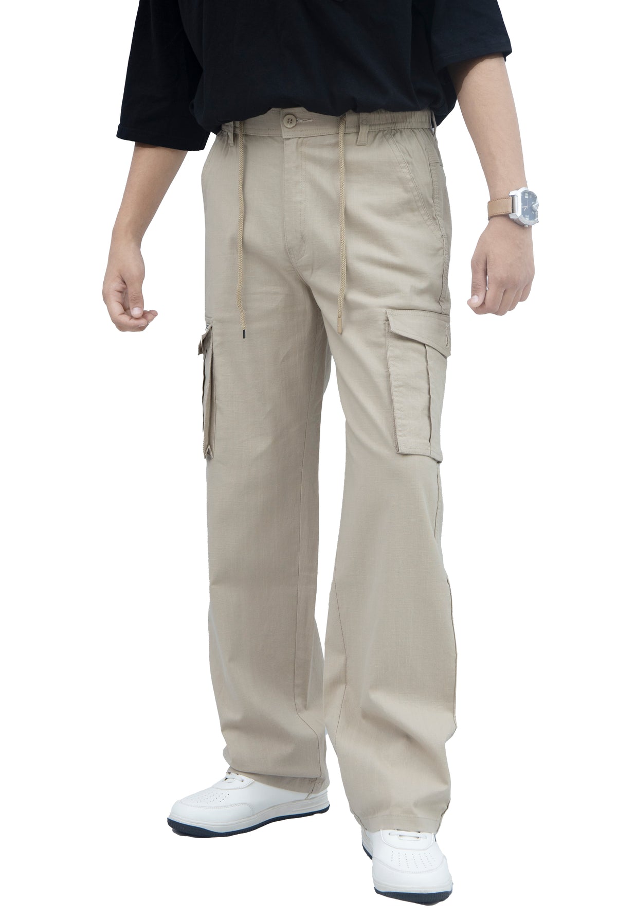 Men's Linen Blend Cargo Pants – 6 Pocket Baggy Fit Trouser (Beige)