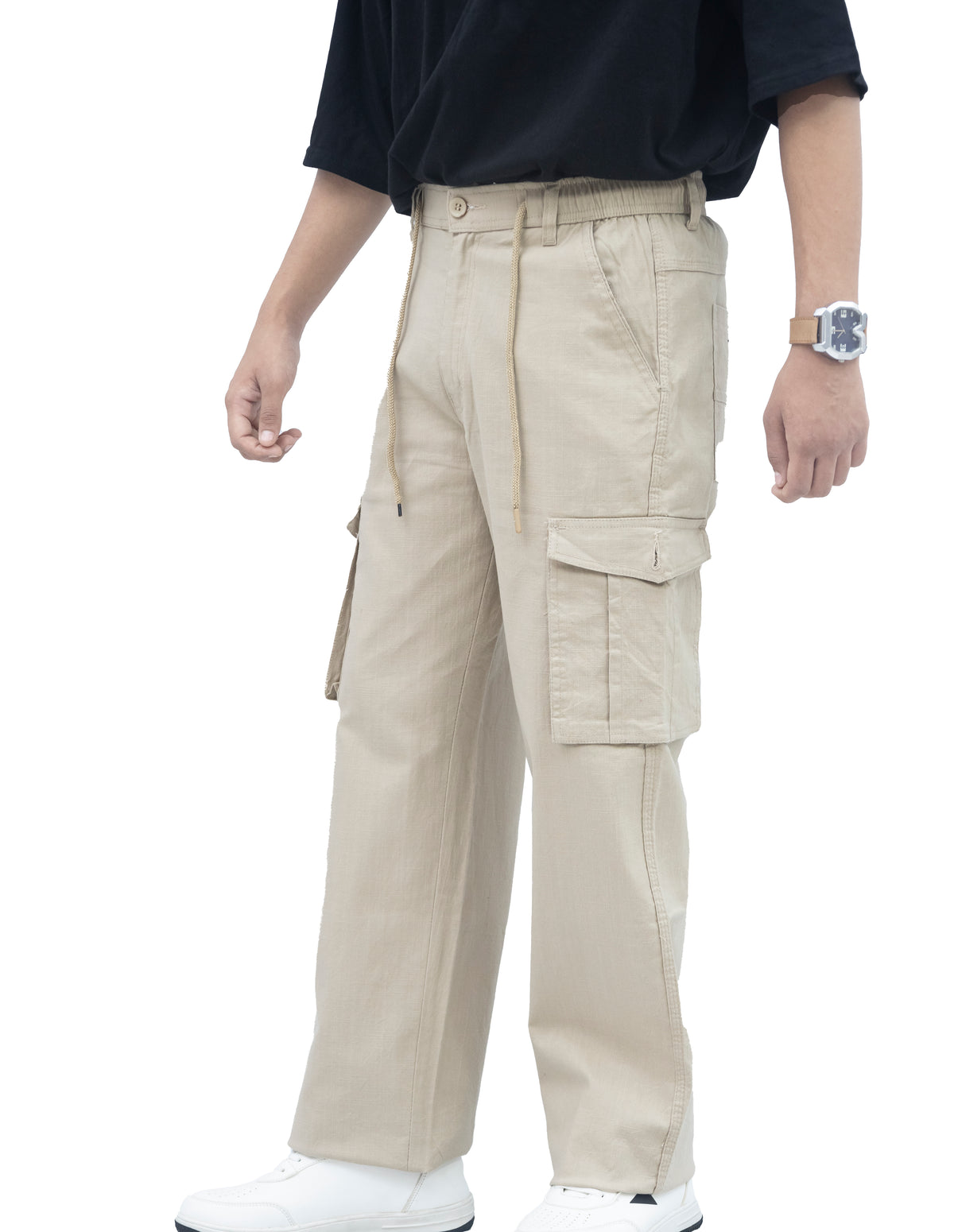 Men's Linen Blend Cargo Pants – 6 Pocket Baggy Fit Trouser (Beige)