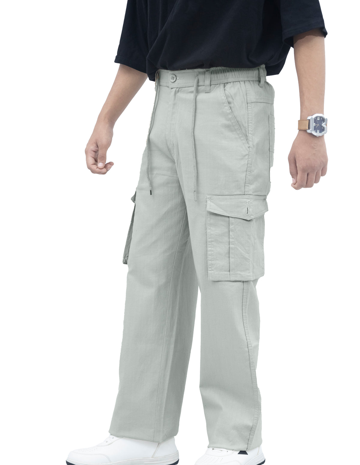 Men's Linen Blend Cargo Pants – 6 Pocket Baggy Fit Trouser (Mint Grey)