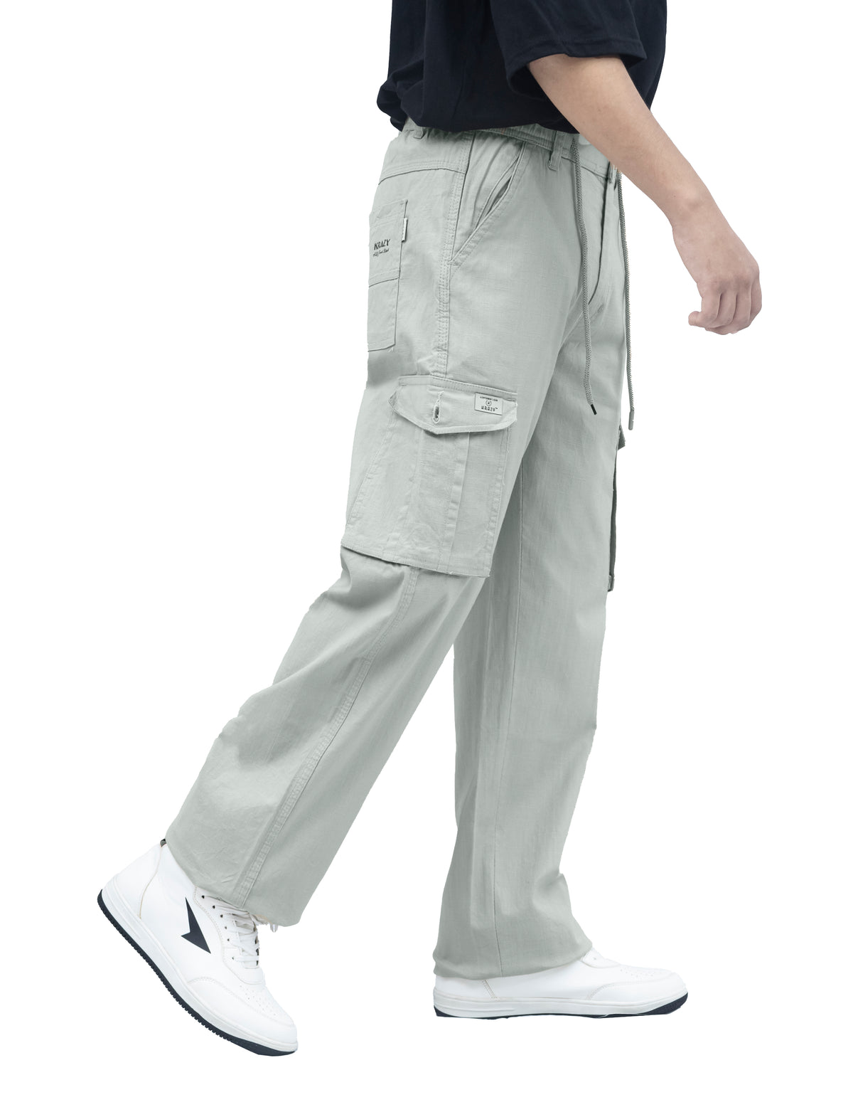 Men's Linen Blend Cargo Pants – 6 Pocket Baggy Fit Trouser (Mint Grey)