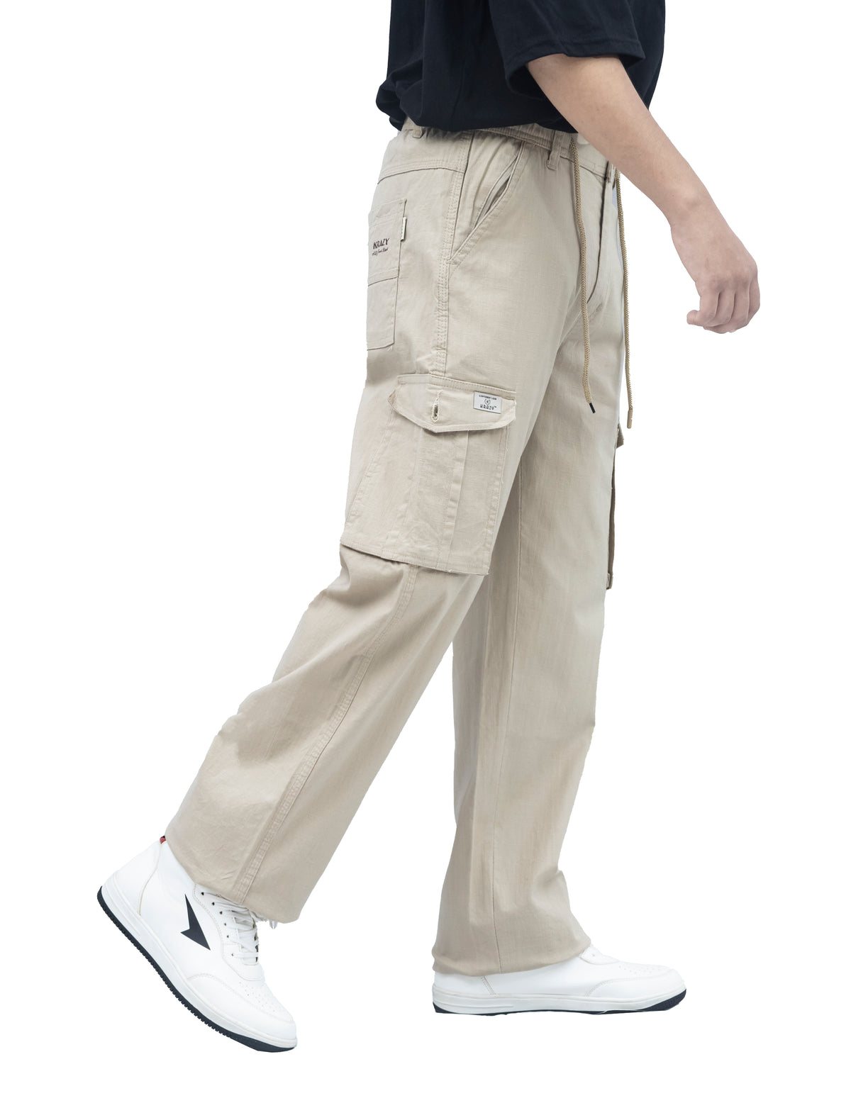 Men's Linen Blend Cargo Pants – 6 Pocket Baggy Fit Trouser (Beige)