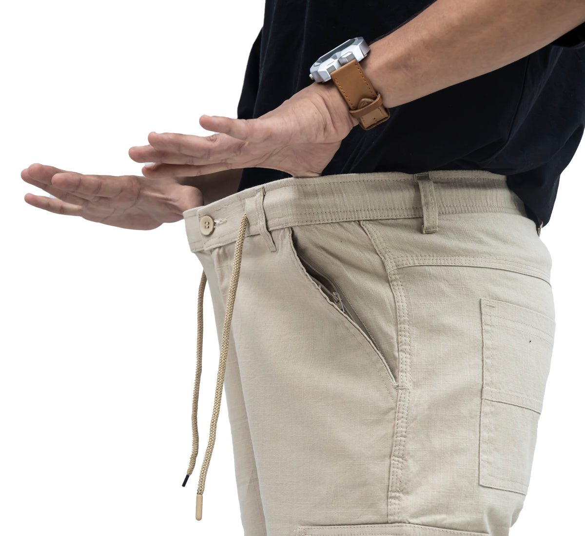 Men's Linen Blend Cargo Pants – 6 Pocket Baggy Fit Trouser (Beige)
