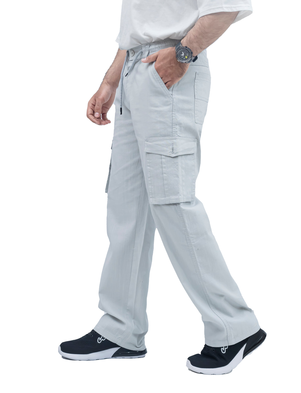 Men's Linen Blend Cargo Pants – 6 Pocket Baggy Fit Trouser (Ice Blue)