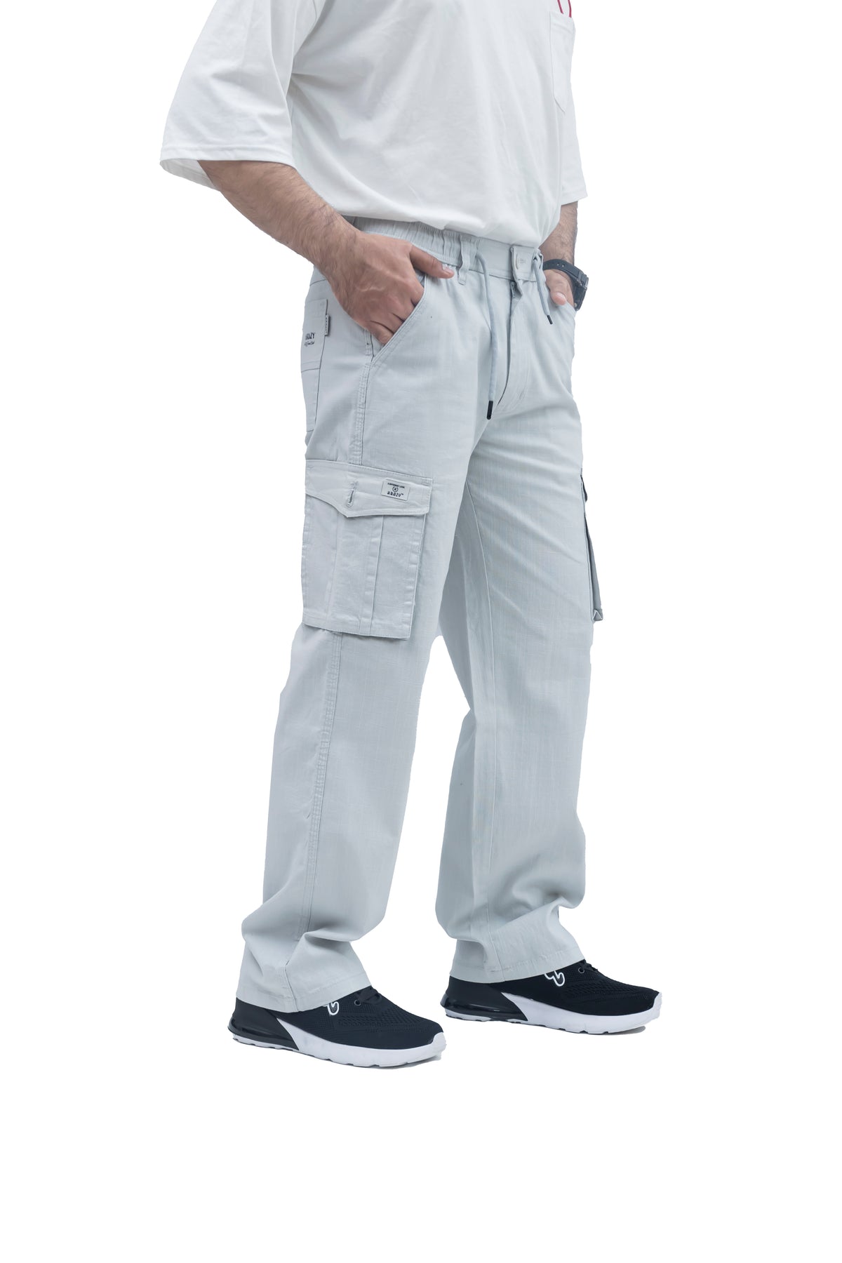 Men's Linen Blend Cargo Pants – 6 Pocket Baggy Fit Trouser (Ice Blue)