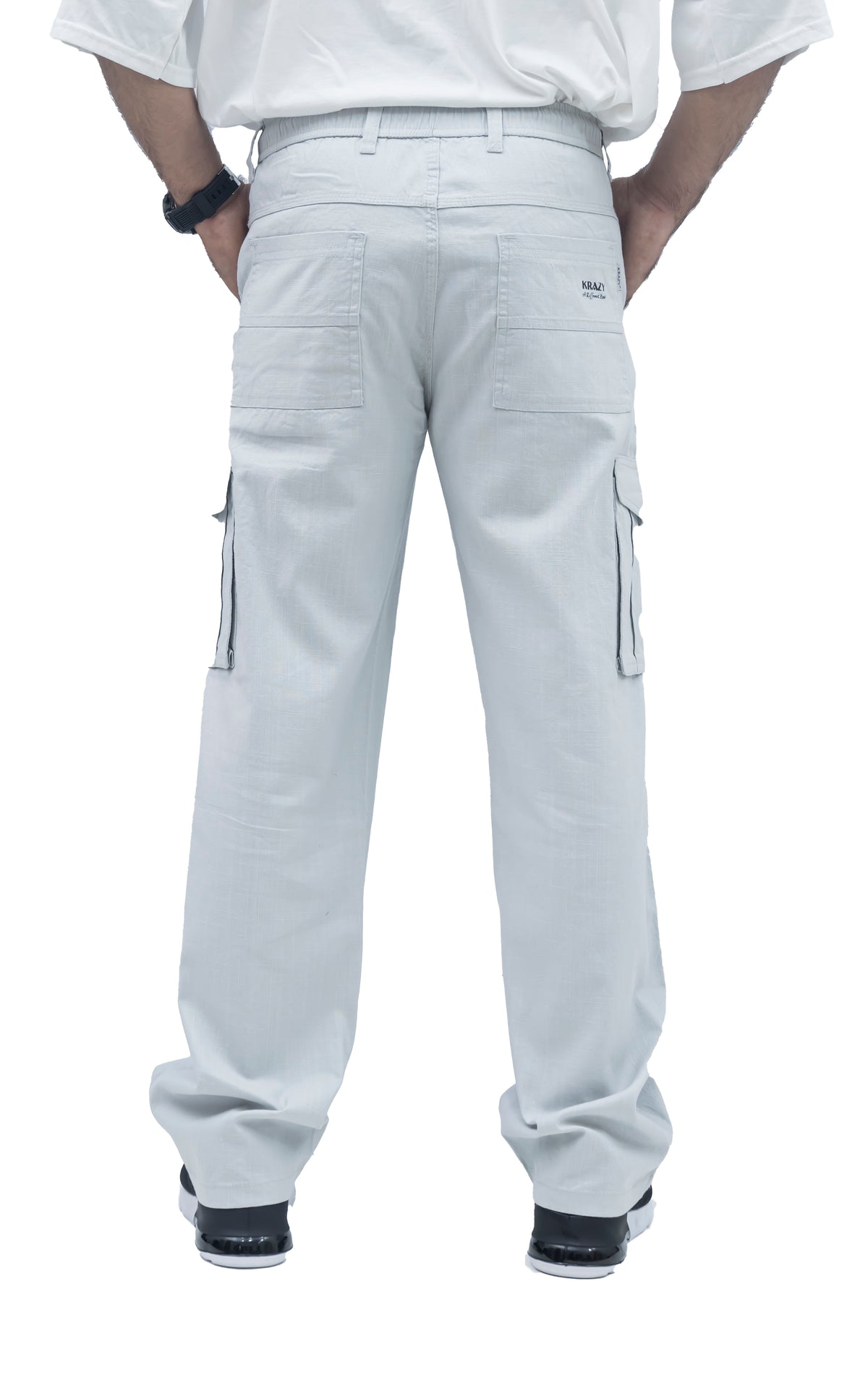 Men's Linen Blend Cargo Pants – 6 Pocket Baggy Fit Trouser (Ice Blue)