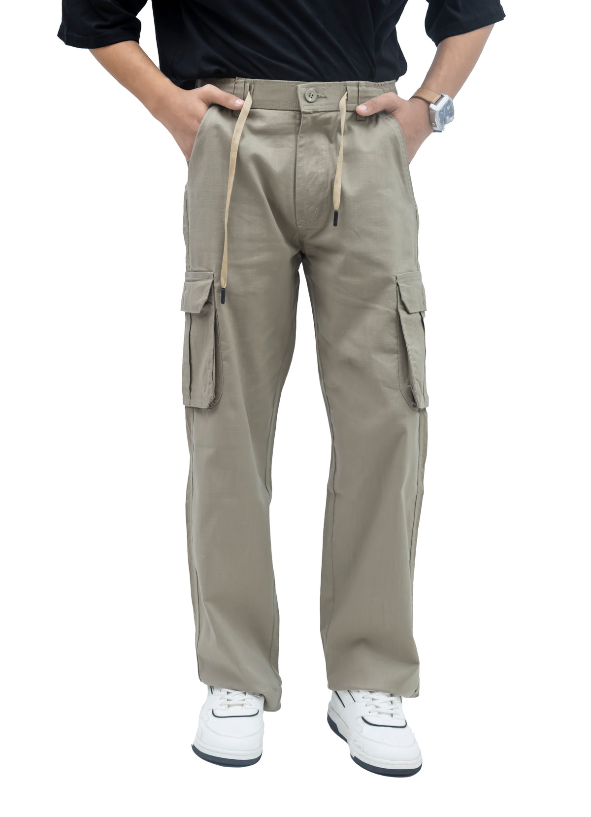 Men's Linen Blend Cargo Pants – 6 Pocket Baggy Fit Trouser (Beige)