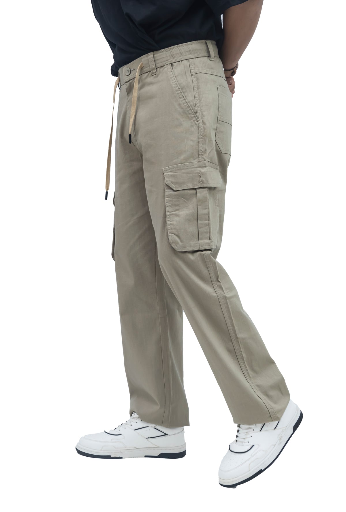 Men's Linen Blend Cargo Pants – 6 Pocket Baggy Fit Trouser (Beige)