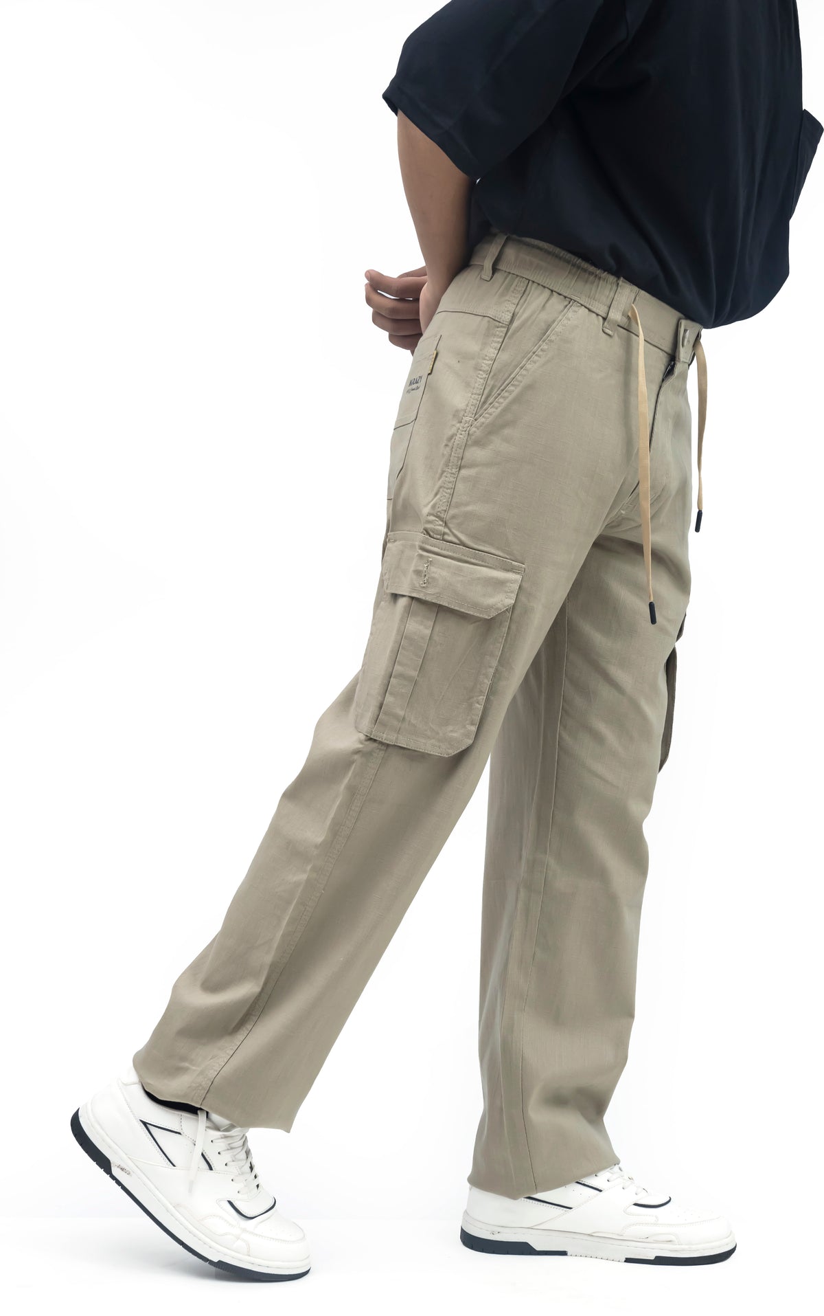 Men's Linen Blend Cargo Pants – 6 Pocket Baggy Fit Trouser (Beige)
