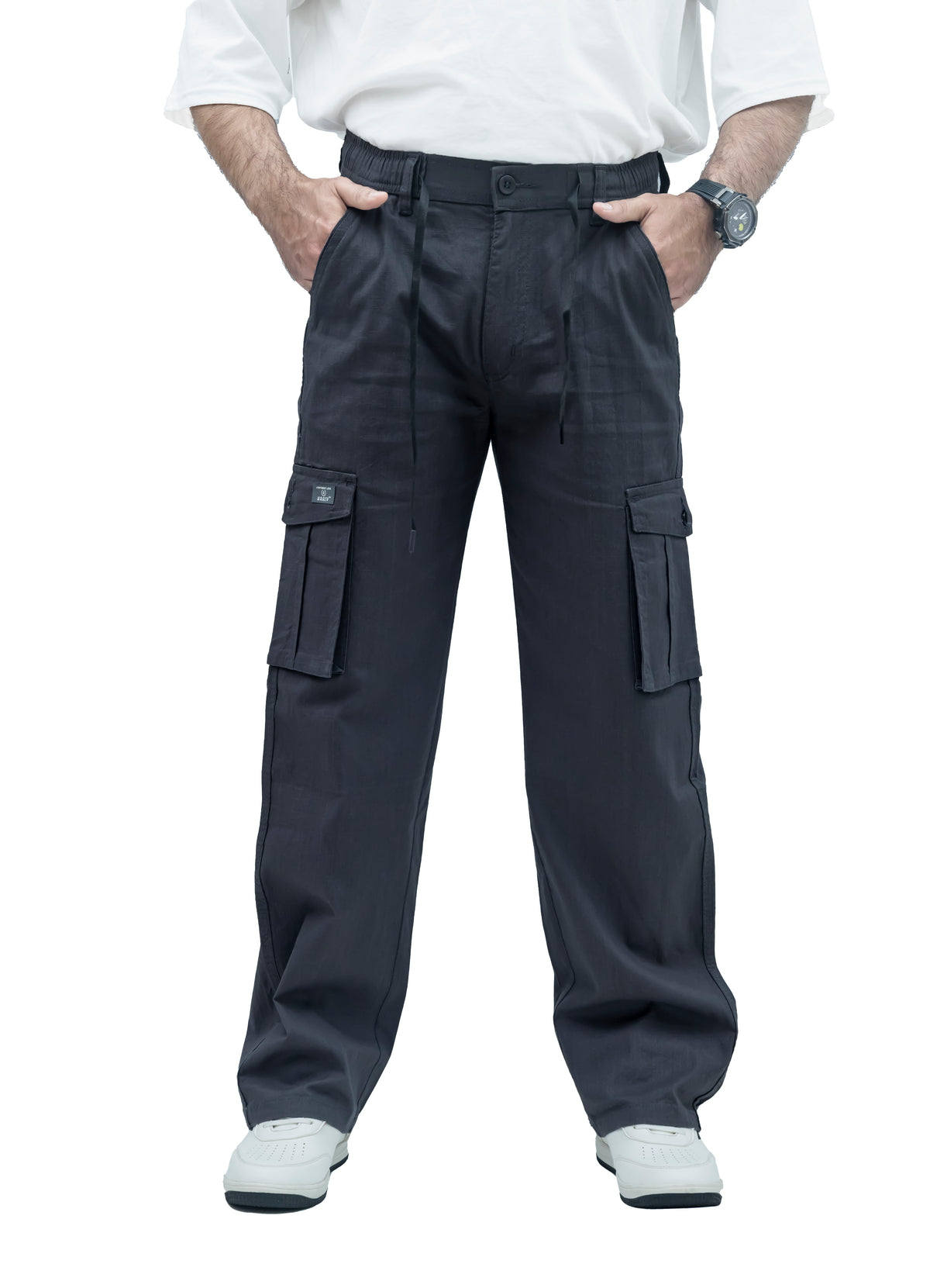 Men's Linen Blend Cargo Pants – 6 Pocket Baggy Fit Trouser (Charcoal Black)