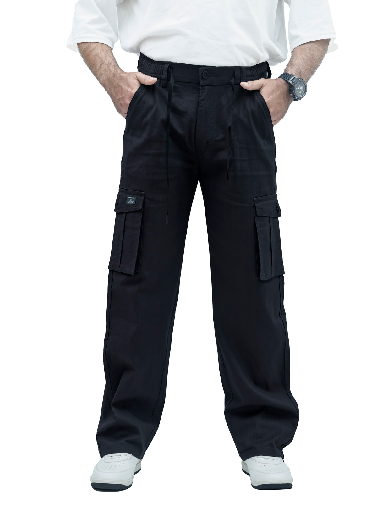 Men's Linen Blend Cargo Pants – 6 Pocket Baggy Fit Trouser (Jet Black)