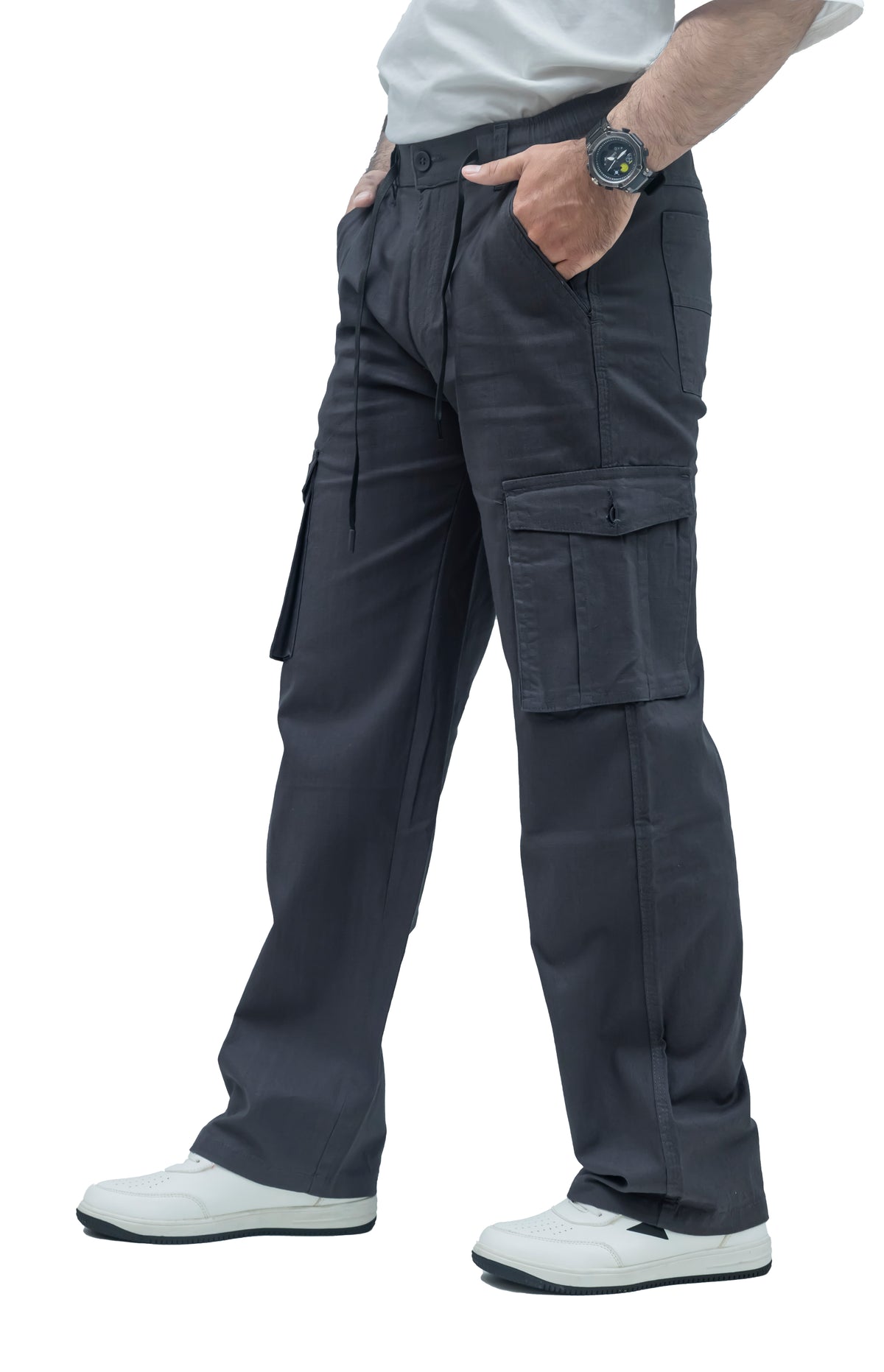 Men's Linen Blend Cargo Pants – 6 Pocket Baggy Fit Trouser (Charcoal Black)