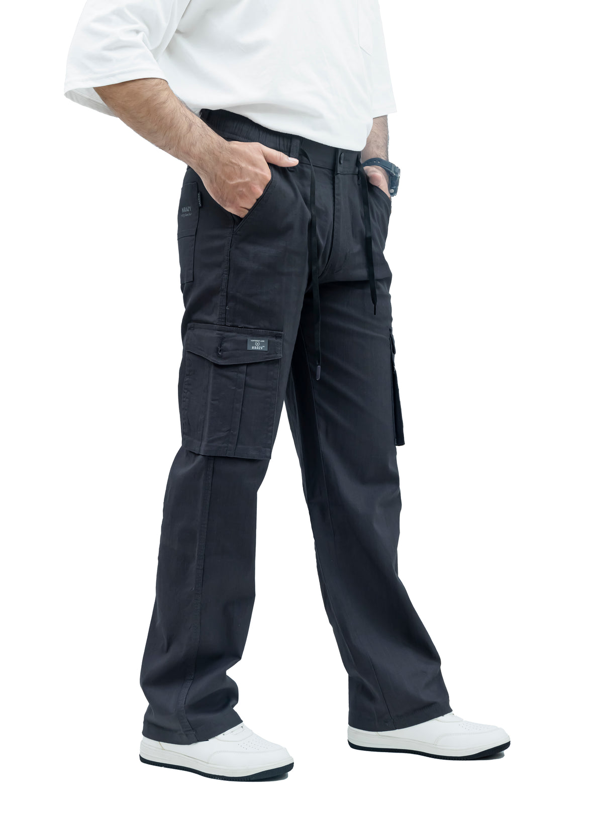 Men's Linen Blend Cargo Pants – 6 Pocket Baggy Fit Trouser (Charcoal Black)