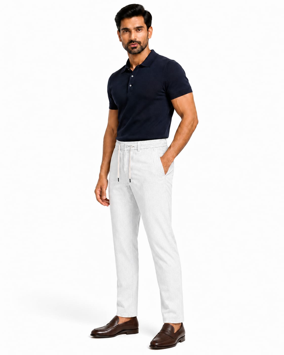 Men’s Textured Stripe Comfort Trousers (White)