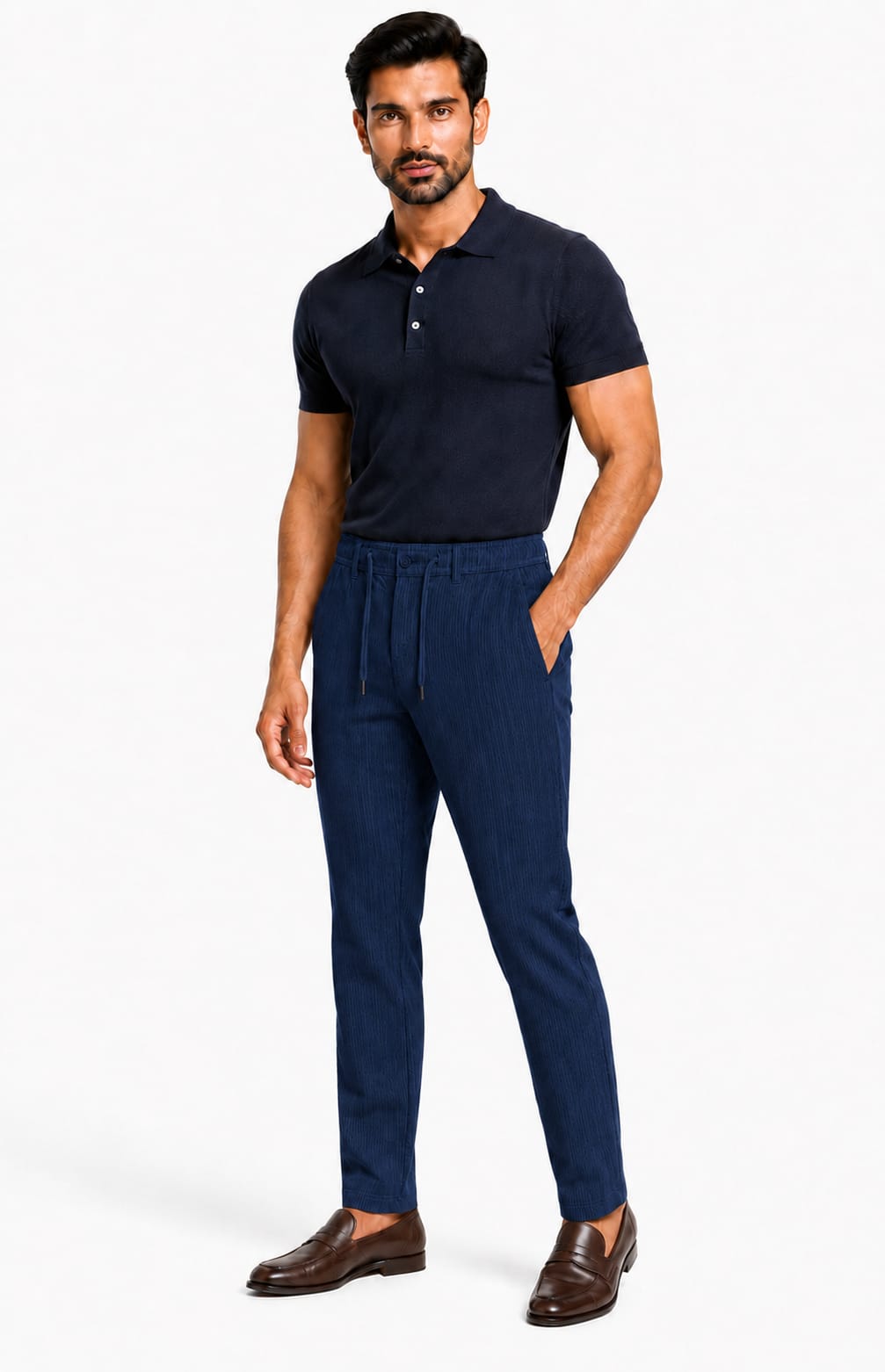 Men’s Textured Stripe Comfort Trousers (Navy Blue)